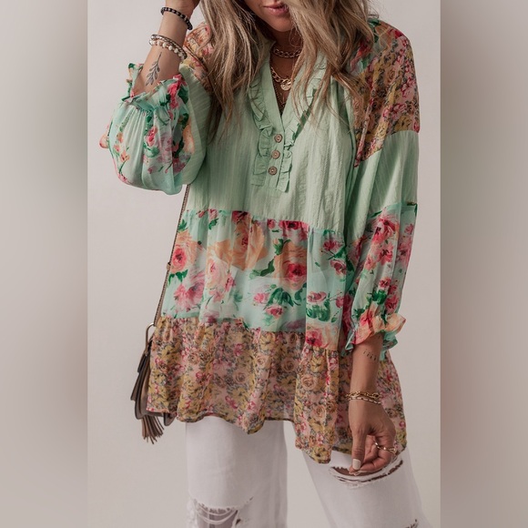 Tops - Green Printed Floral Patchwork Frilled Split
Neck Blouse Bohemian Top